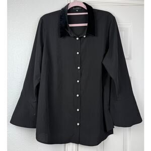 Eloquii Black Bell Sleeve Blouse Velvet Collar Pearl Buttons Size 20 Plus